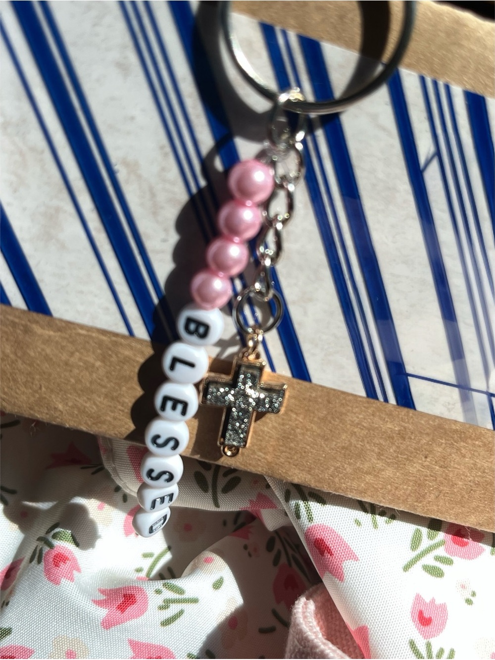 Pink 'Blessed' Beaded Keychain with Cross Charm